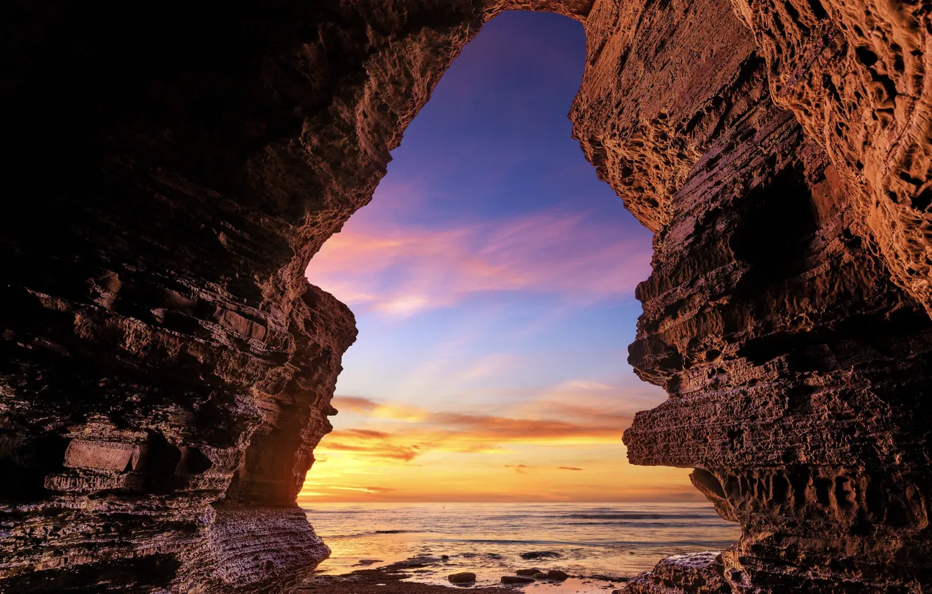 Photo wallpaper sea, rocks, cave