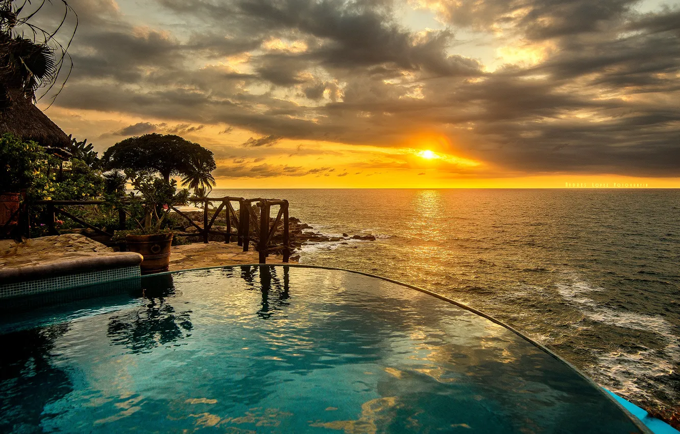 Photo wallpaper sunset, the ocean, pool, Mexico, the hotel, Mexico, Pacific Ocean, The Pacific ocean