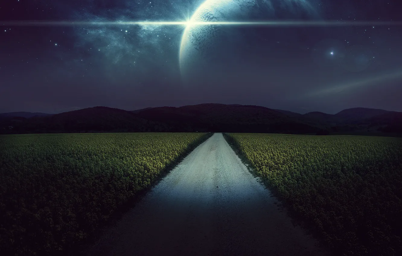 Photo wallpaper road, field, stars, night, rendering, planet