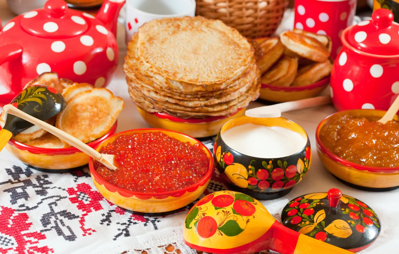 Photo wallpaper dishes, pancakes, feast, caviar, red caviar, pancakes