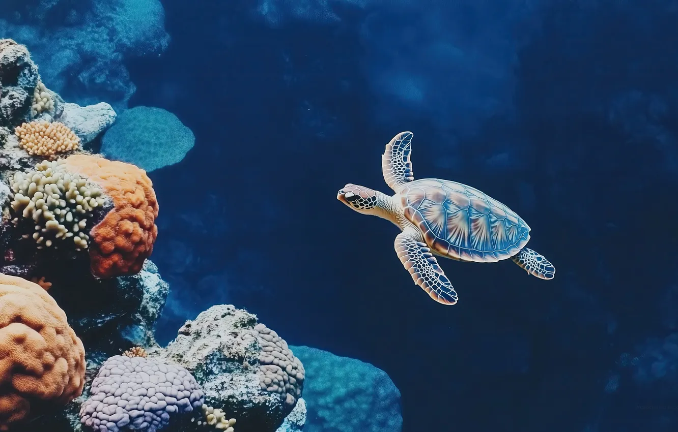 Photo wallpaper underwater, sea, marine, ecosystem, turtle