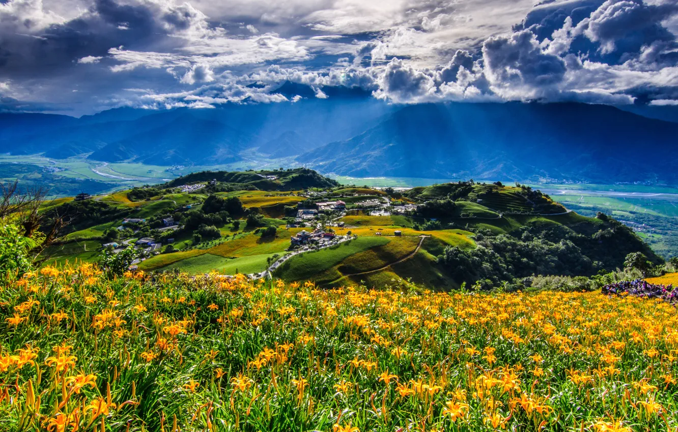 Photo wallpaper clouds, flowers, mountains, China, village, panorama, China, Taiwan
