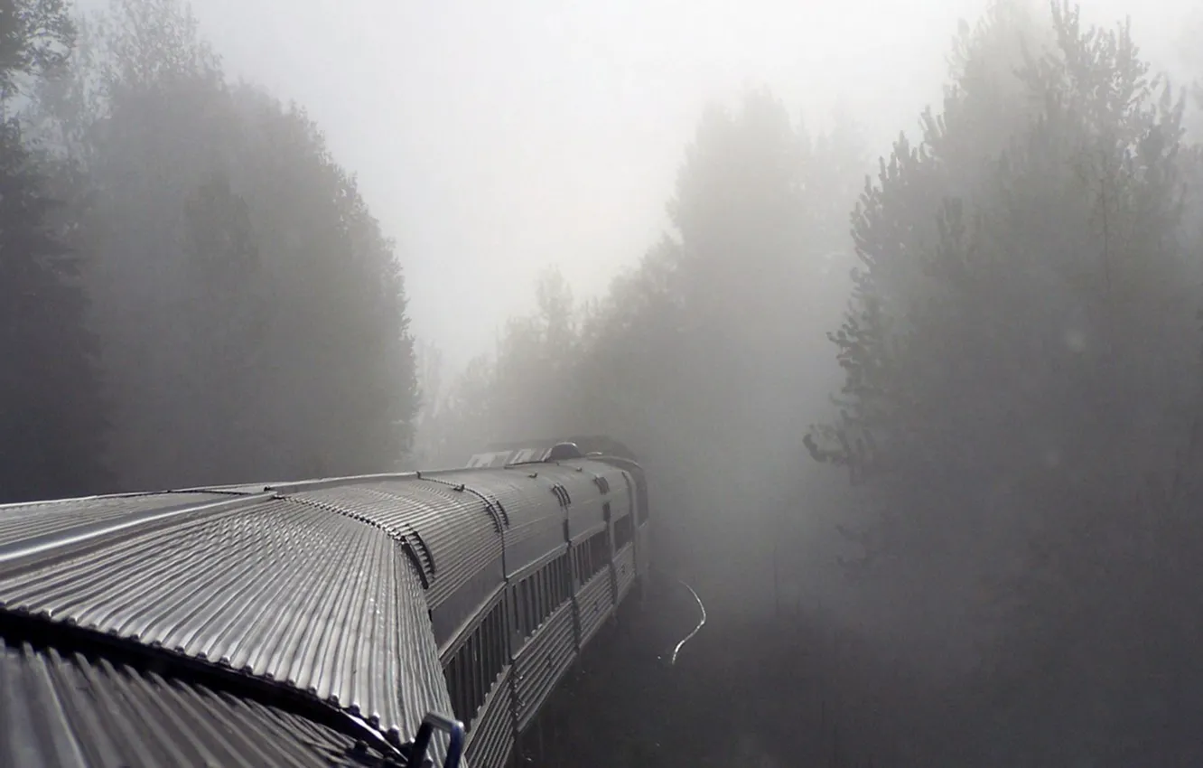Photo wallpaper train, Fog, cars