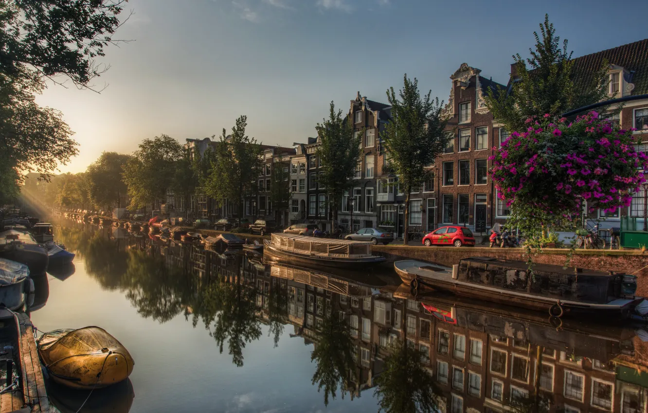 Photo wallpaper street, boats, hdr, channel, Amsterdam, multi monitors, Amsterdam, Netherlands