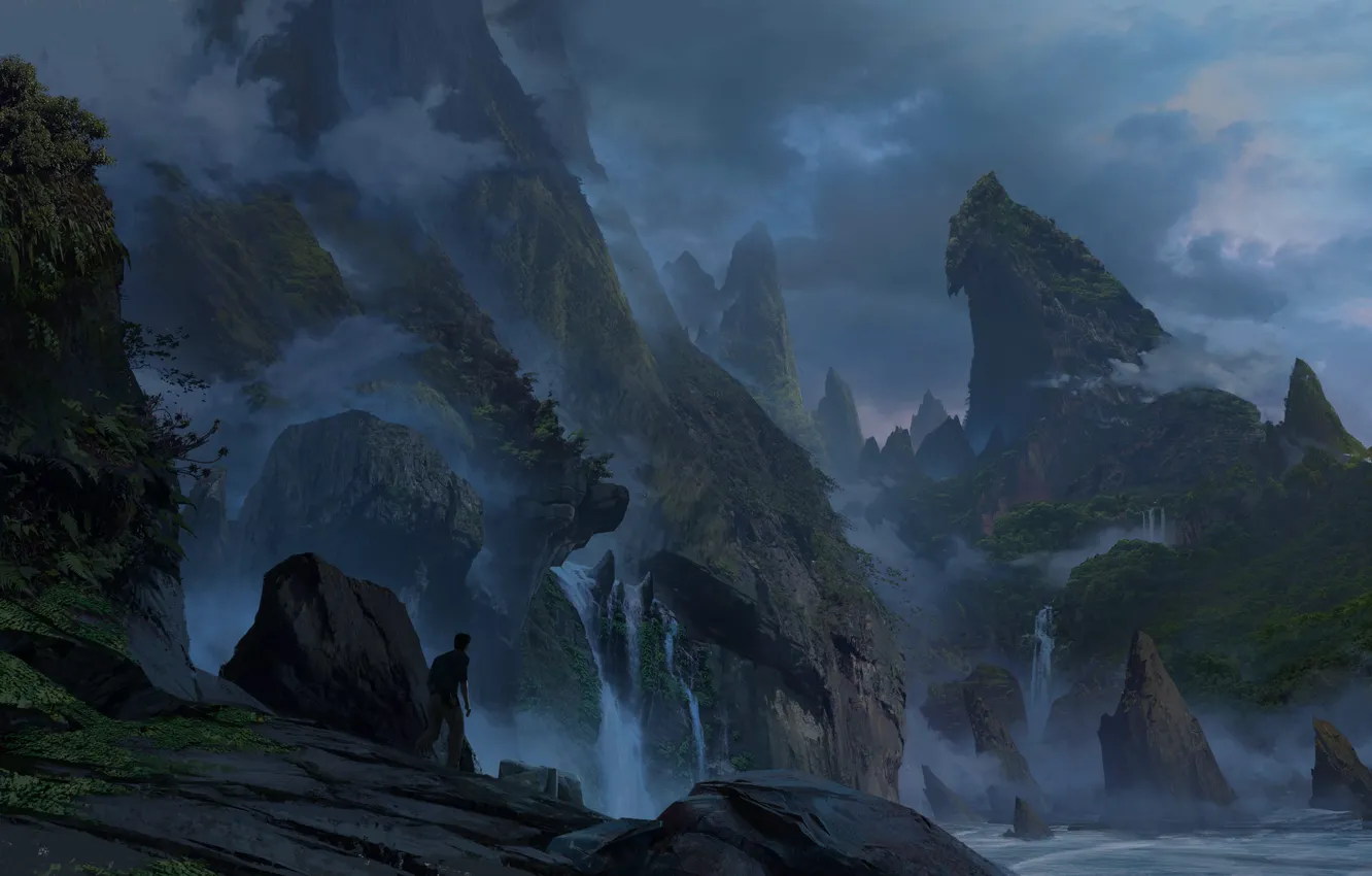 Photo wallpaper landscape, clouds, rocks, coast, guy, Uncharted 4: A Thief's End