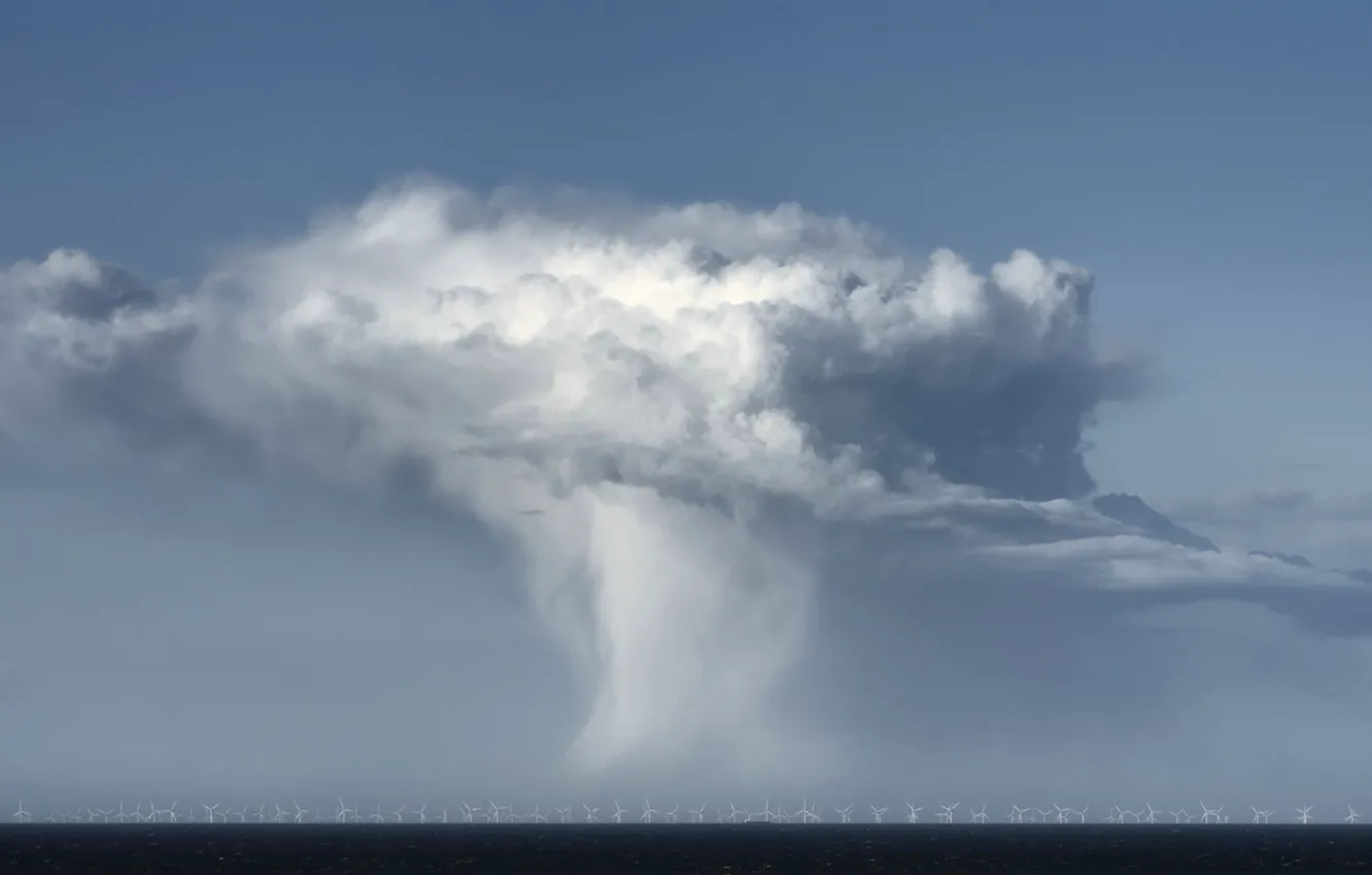 Photo wallpaper sea, clouds, windmills
