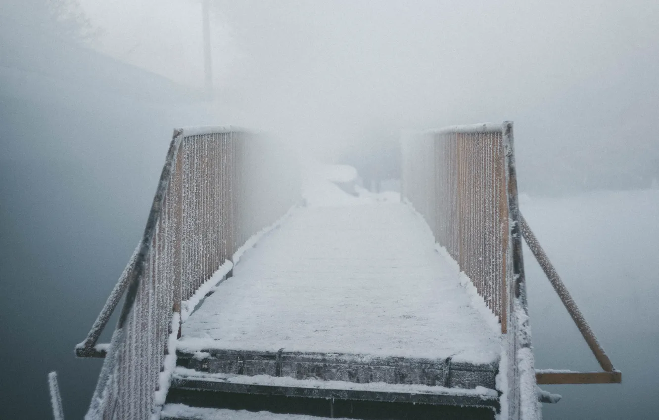 Photo wallpaper winter, bridge, nature, river, frost