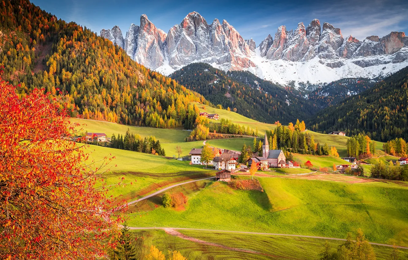 Photo wallpaper autumn, forest, tree, Alps, Italy, Church, village, the village
