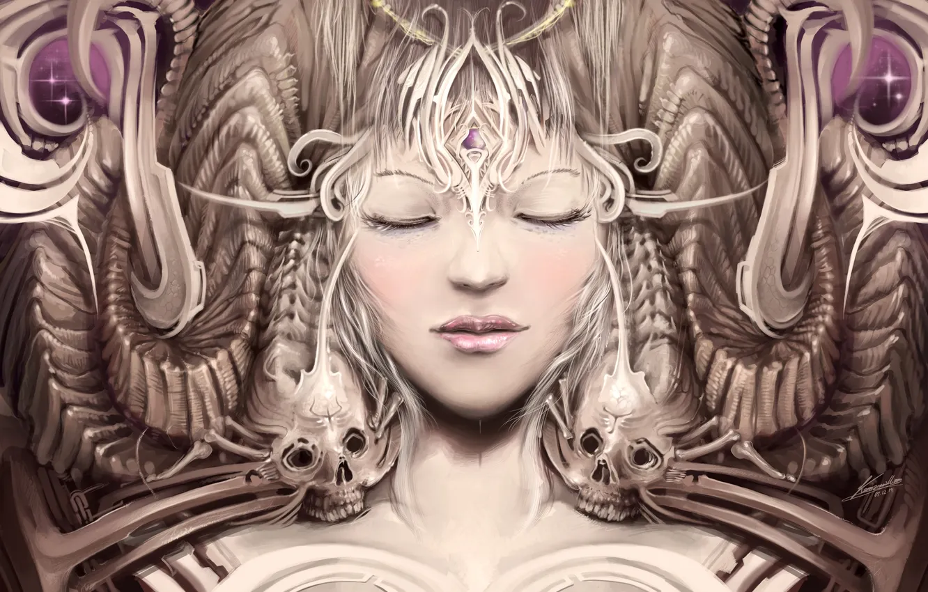 Photo wallpaper girl, face, skull, art, bones, closed eyes