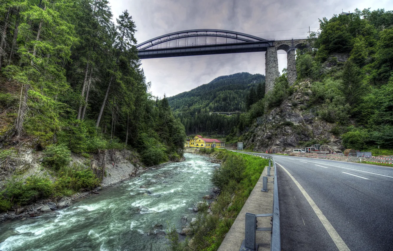 Photo wallpaper road, forest, trees, mountains, bridge, stream, stones, rocks