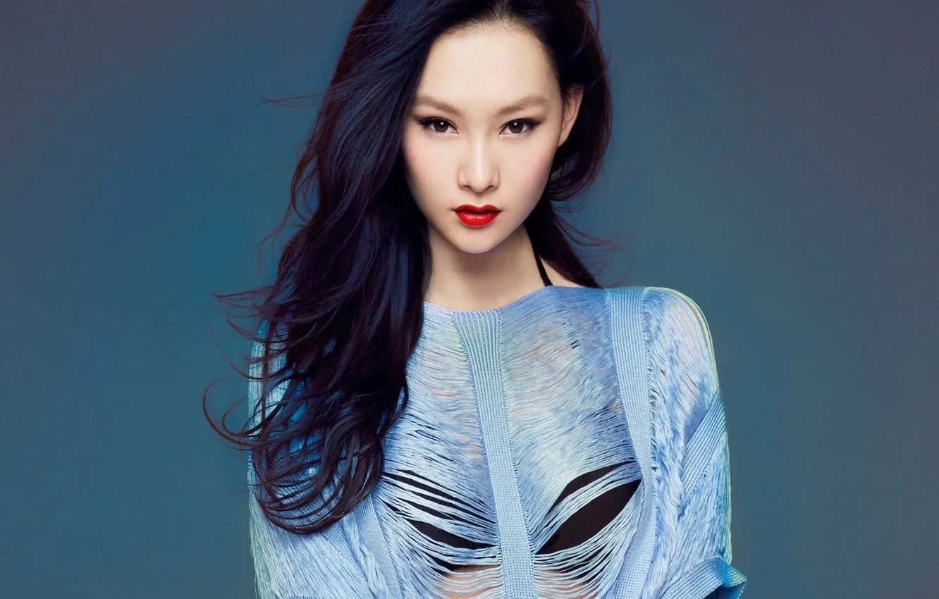 Photo wallpaper look, girl, background, model, makeup, Asian, black hair, blue jacket