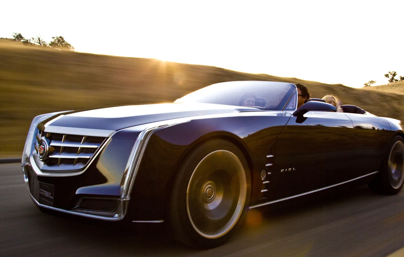Photo wallpaper road, the sky, sunset, Cadillac, convertible, luxury, Ciel