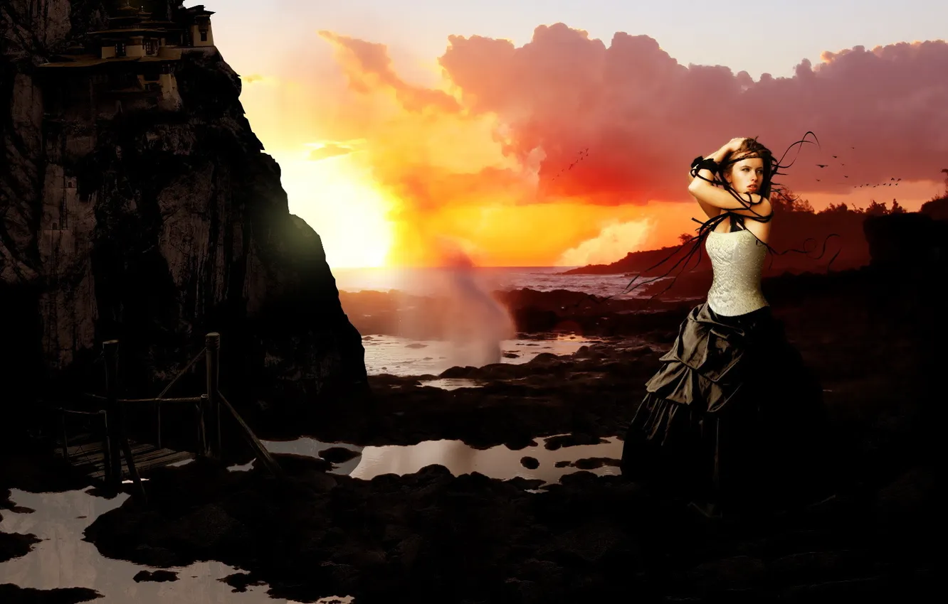 Photo wallpaper sea, girl, sunset, rocks