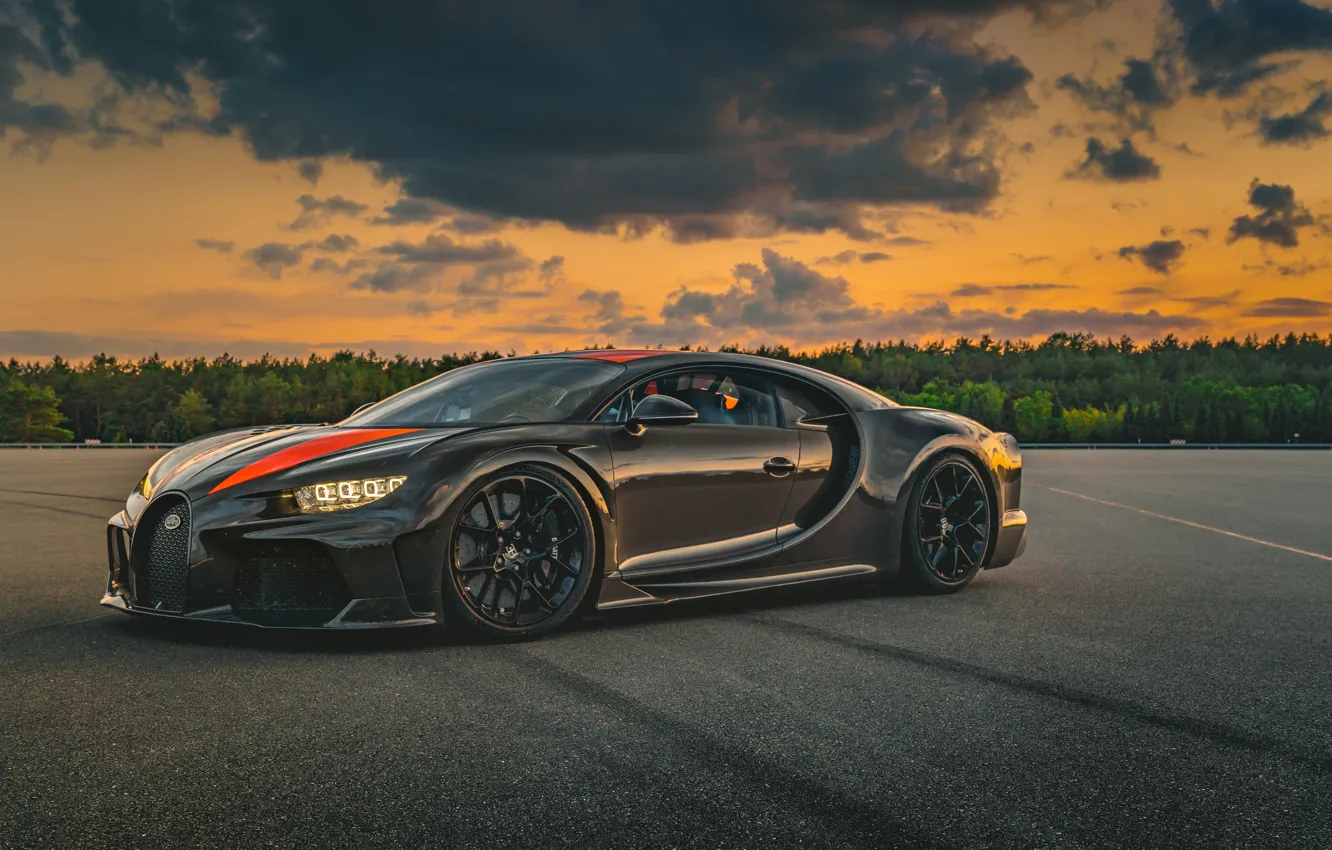 Photo wallpaper sunset, Prototype, the evening, Bugatti, supercar, hypercar, Chiron, 2019