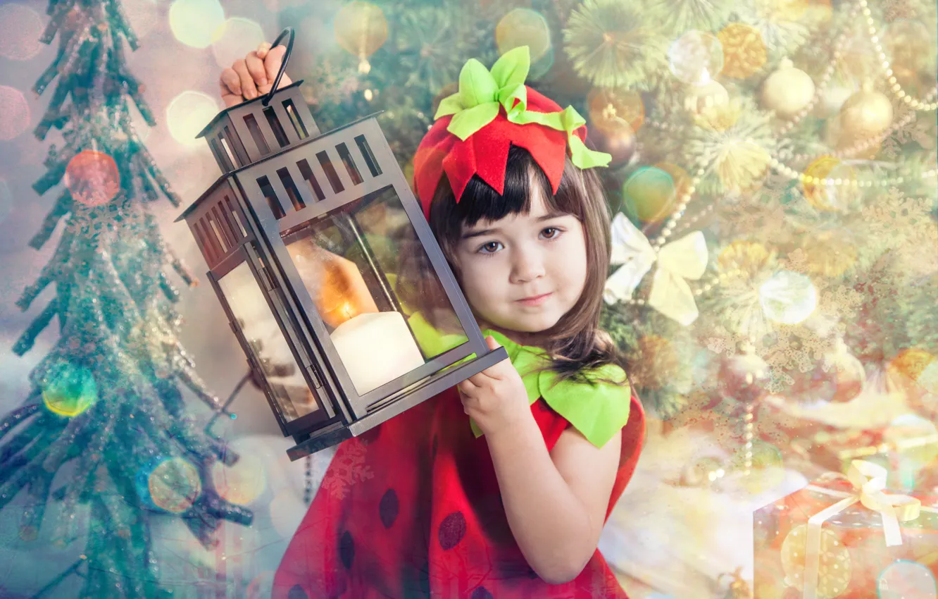 Photo wallpaper children, new year, girl, lantern, child