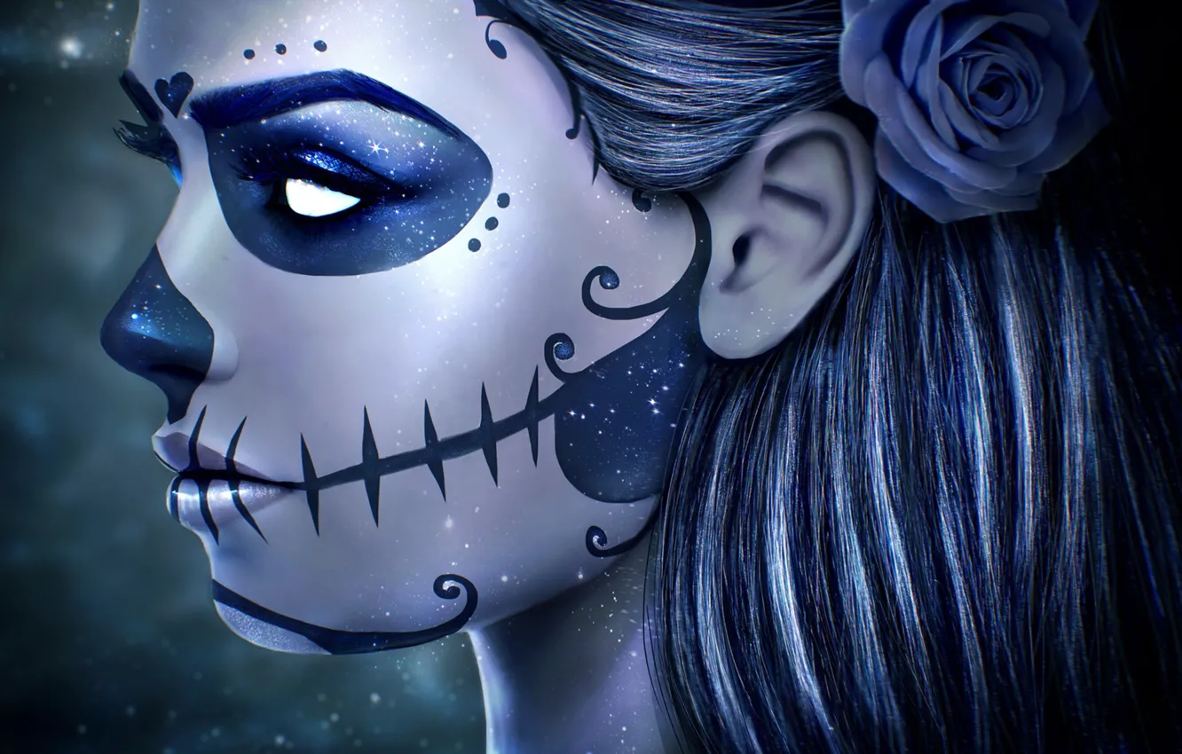 Photo wallpaper girl, face, rose, skull, makeup, art, day of the dead, sugar skull