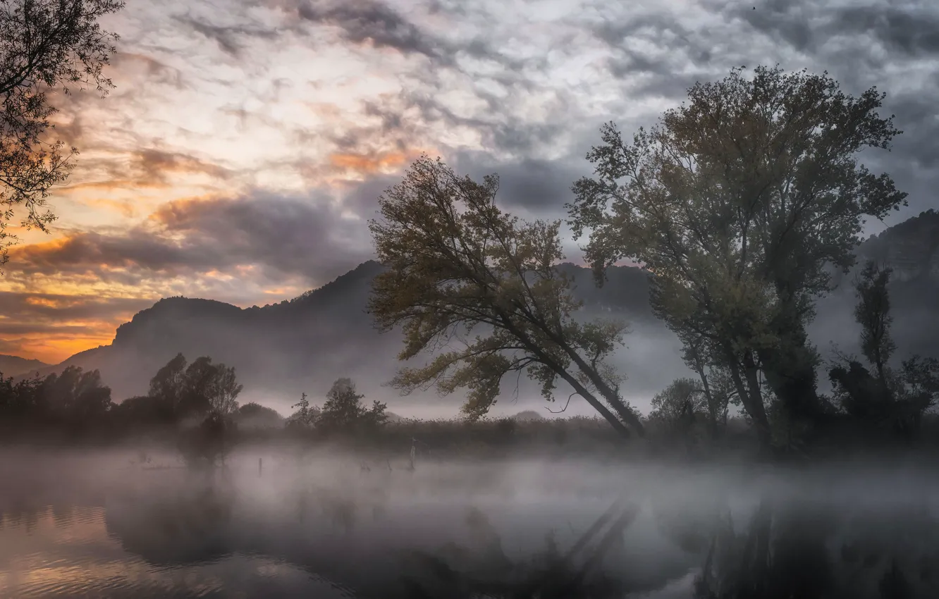 Photo wallpaper autumn, trees, mountains, fog, lake, reflection, pond