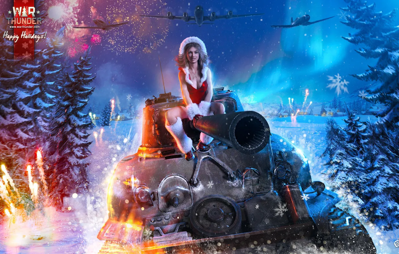 Photo wallpaper girl, tank, the plane, happy new year, War Thunder