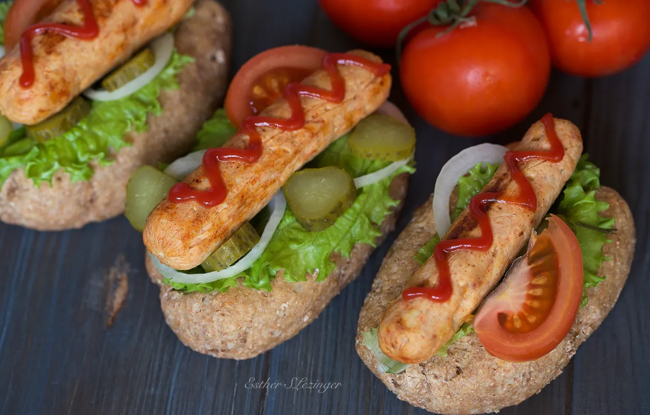 Photo wallpaper sausage, vegetables, tomatoes, ketchup, hot dog, cucumbers