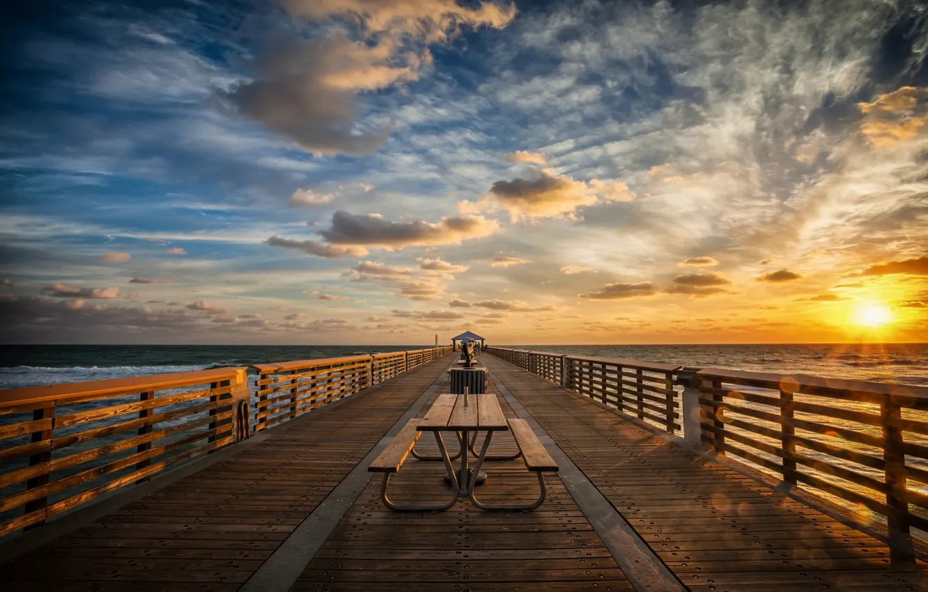 Photo wallpaper the sky, the sun, clouds, The ocean, pierce, benches