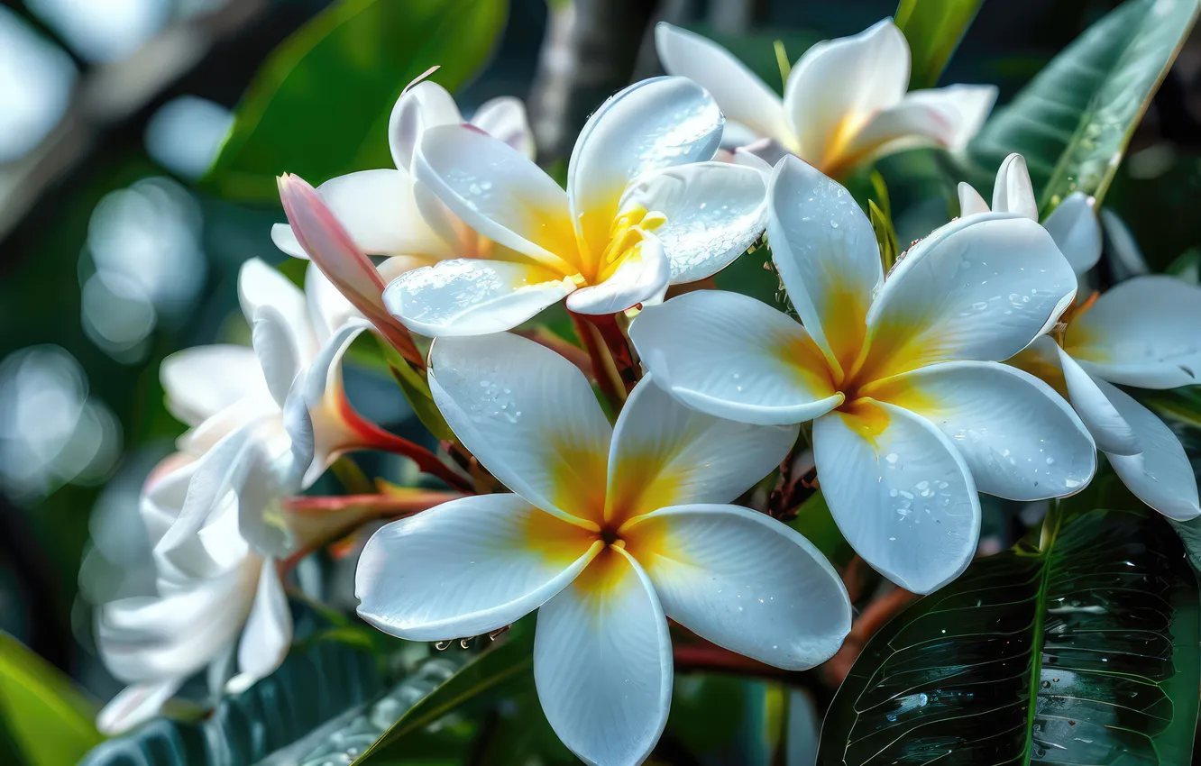 Photo wallpaper Exotic, plumeria, garden, leaves, beautiful, white