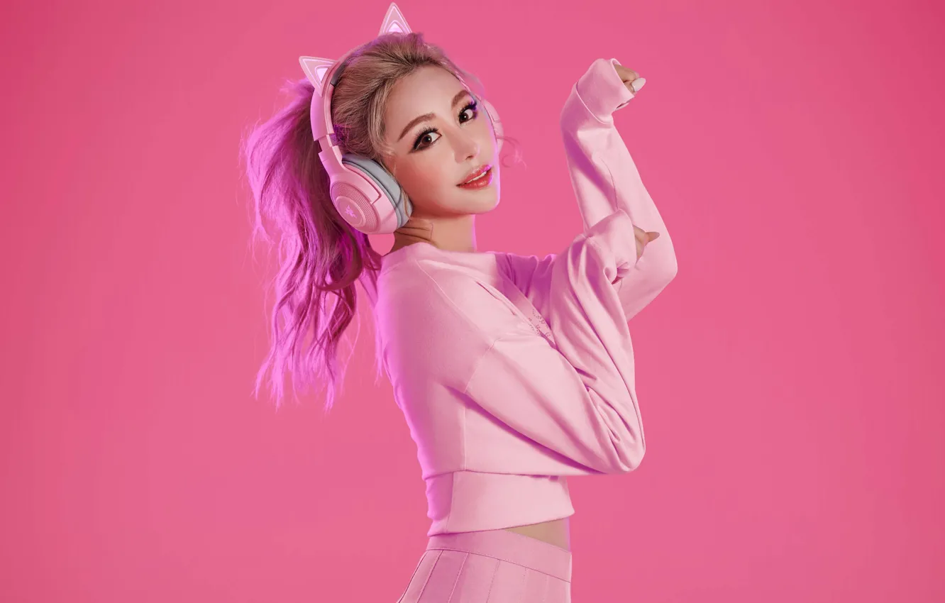 Photo wallpaper look, girl, hair, Asian, Razer, headphones, Gaming Headset, Razer Kraken BT Kitty Edition