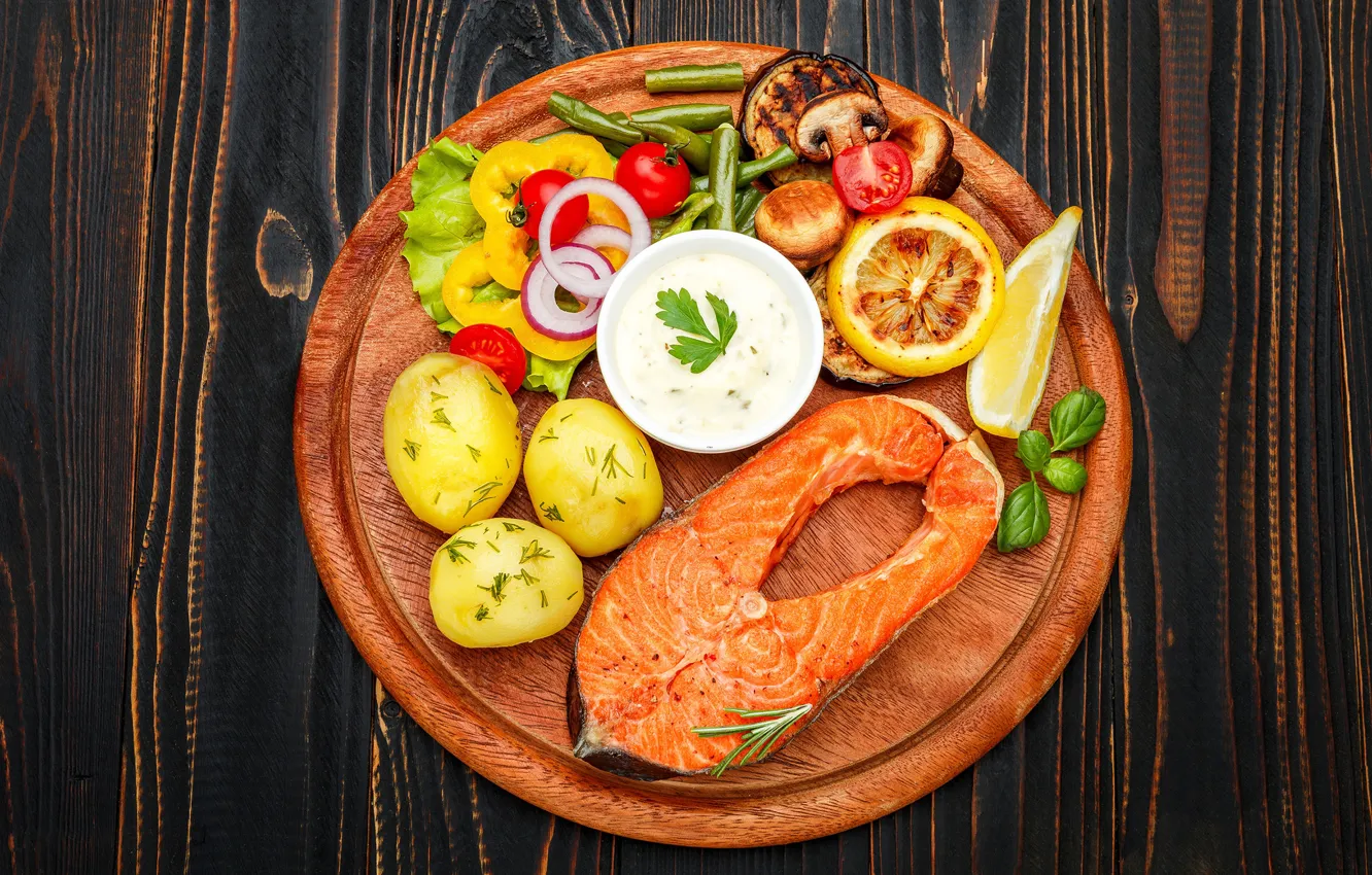 Photo wallpaper lemon, mushrooms, fish, Board, pepper, vegetables, sauce, salad
