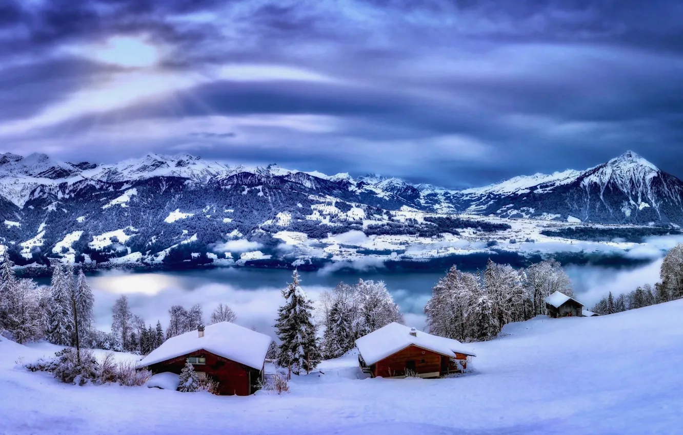 Photo wallpaper winter, snow, trees, mountains, lake, Switzerland, village, houses