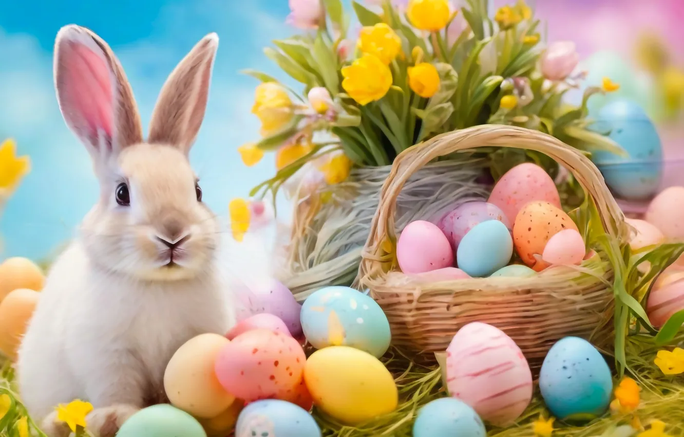 Photo wallpaper flowers, eggs, spring, colorful, Easter, flowers, spring, Easter