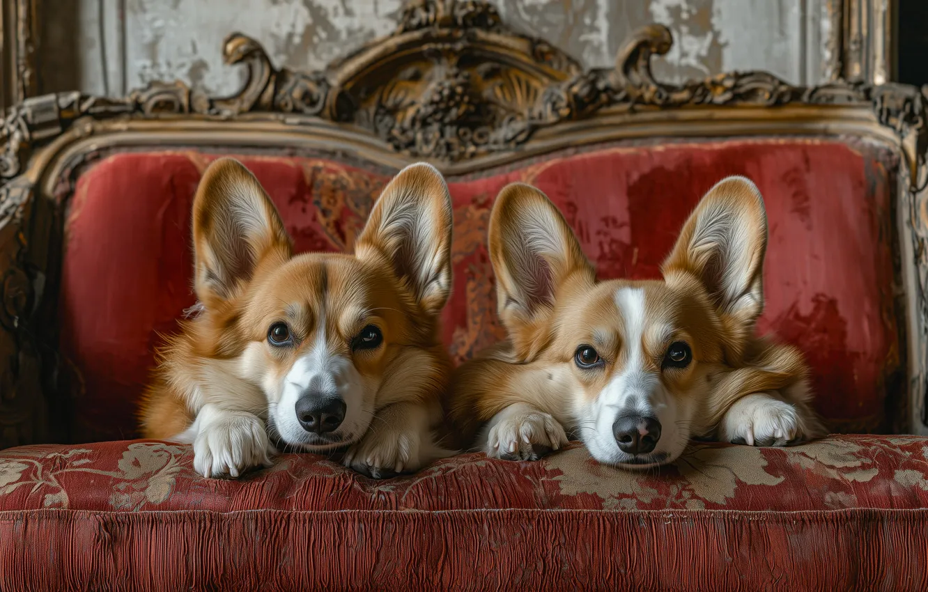 Photo wallpaper look, sofa, dog, face, a couple, Welsh Corgi, neural network