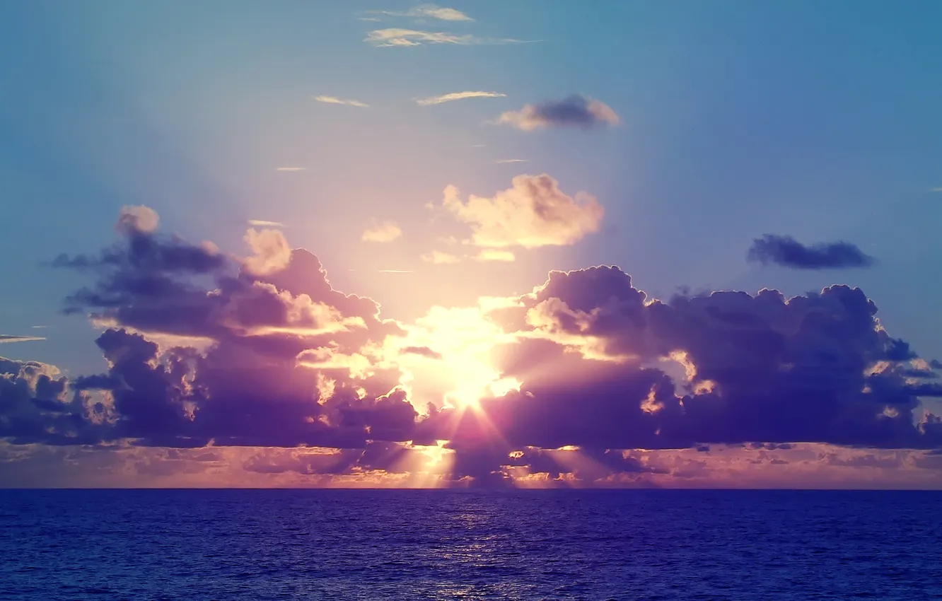 Photo wallpaper sea, the sky, the sun, sunset, clouds