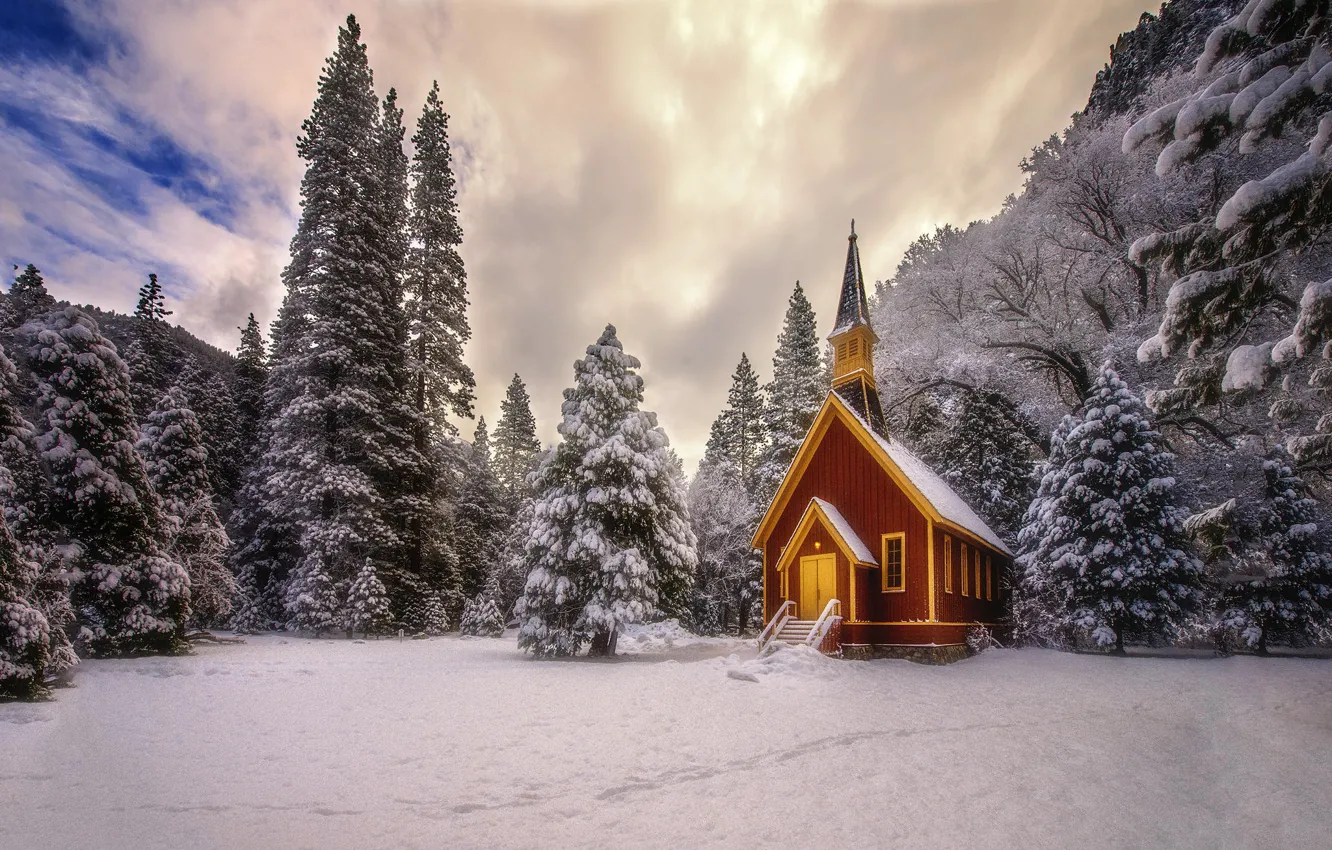 Photo wallpaper winter, forest, snow, nature, Church