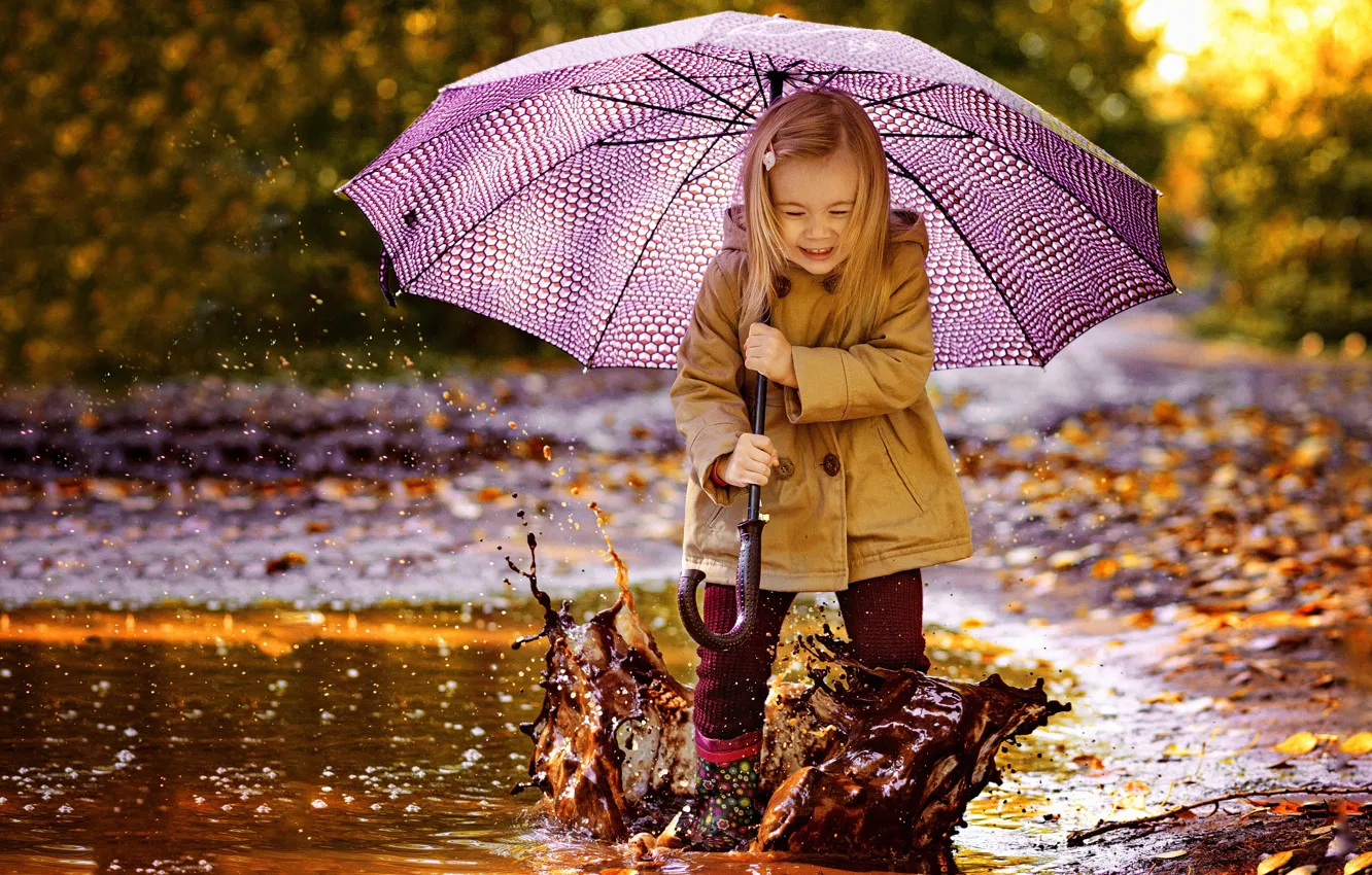 Photo wallpaper autumn, joy, squirt, nature, umbrella, puddle, dirt, girl