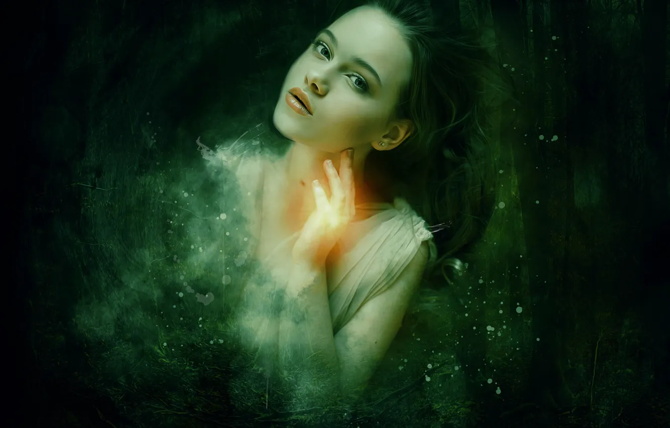 Photo wallpaper forest, look, girl, light, face, portrait, hands, art