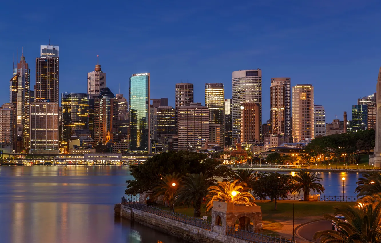 Photo wallpaper night, lights, river, home, skyscrapers, Australia, lights, Sydney