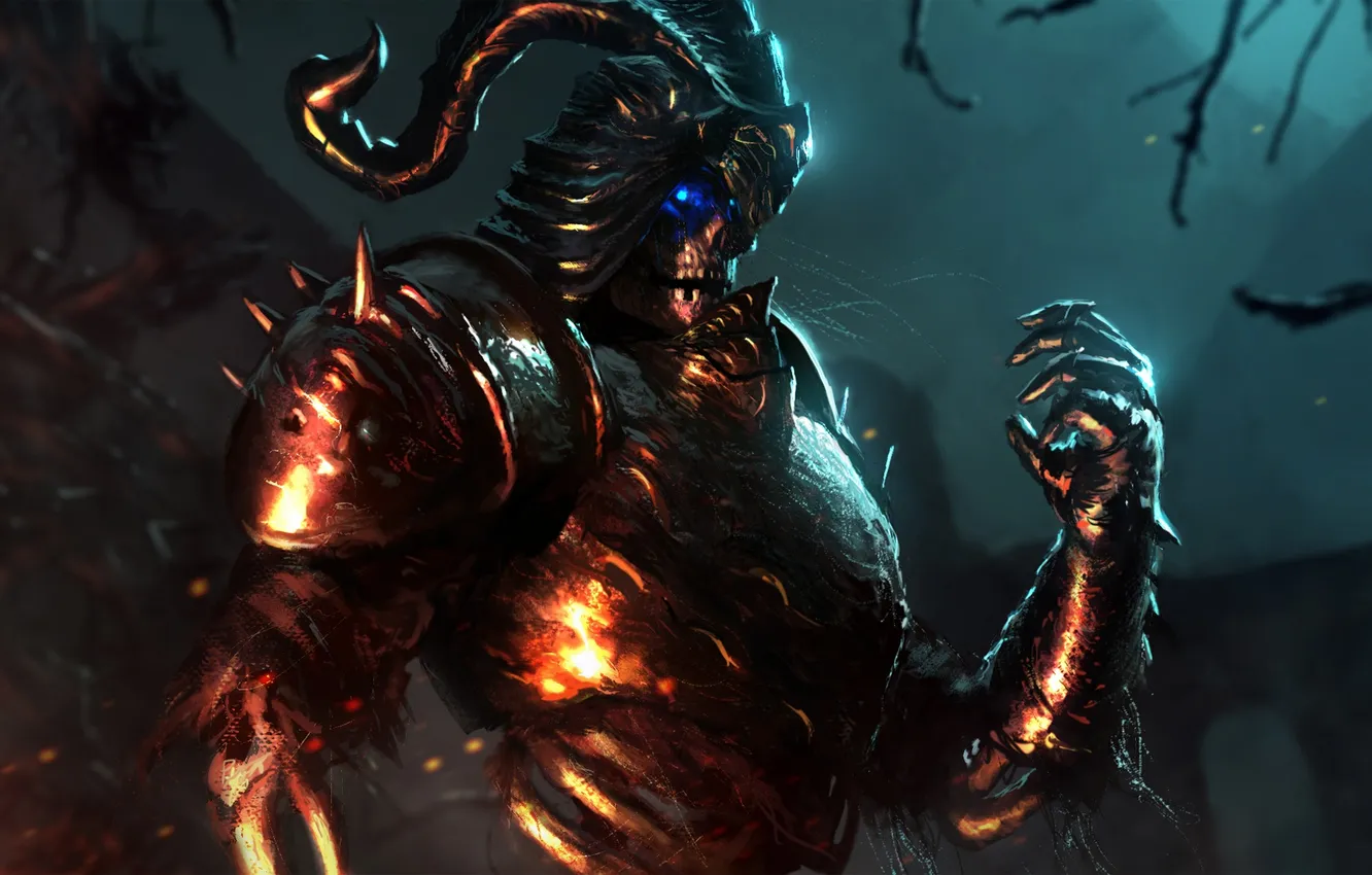 Photo wallpaper night, glow, spikes, skeleton, horns, helmet, rpg, Dark Souls