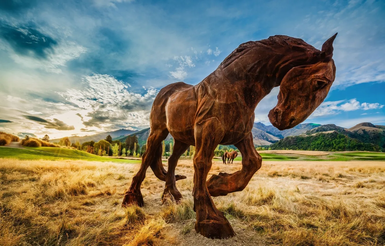Photo wallpaper field, the sky, grass, clouds, mountains, nature, horse, sculpture