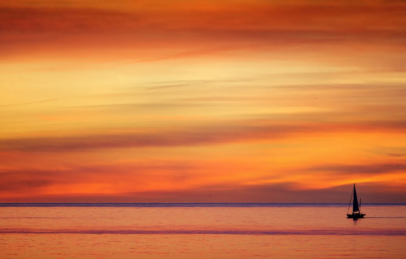 Photo wallpaper sea, the sky, clouds, boat, the evening, glow, sail