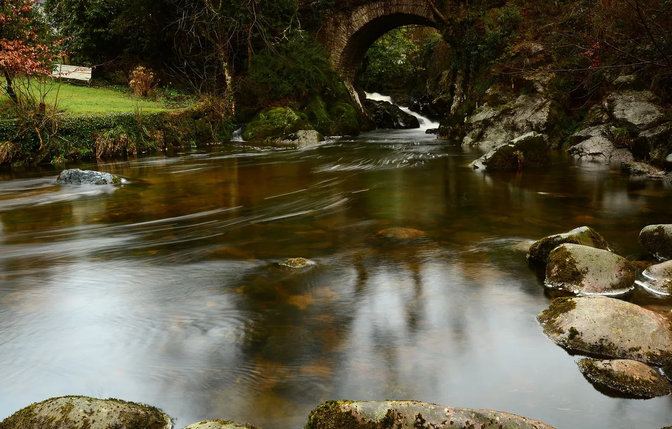 Photo wallpaper bridge, Park, river, stones