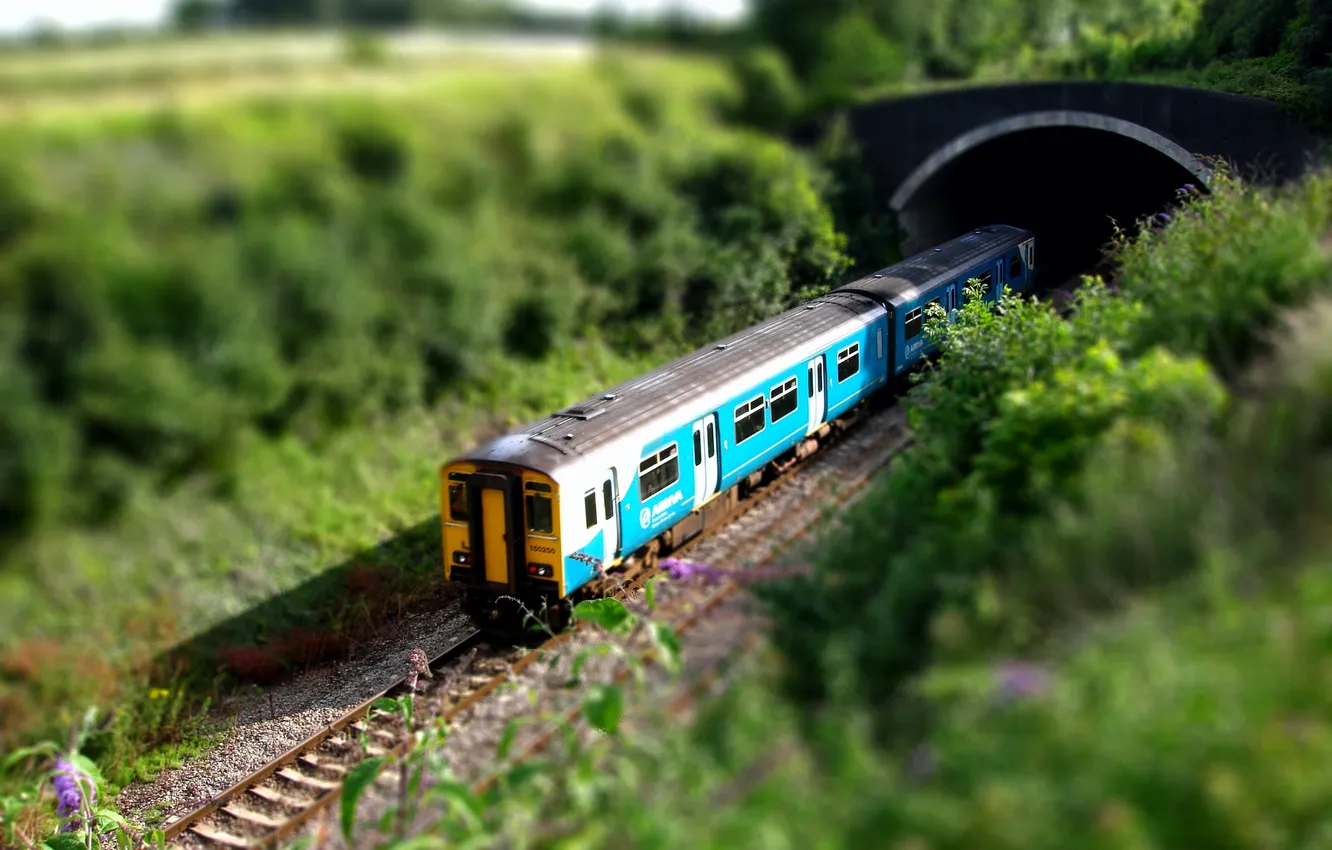 Photo wallpaper Train, Railroad, The tunnel, tilt shift, The car