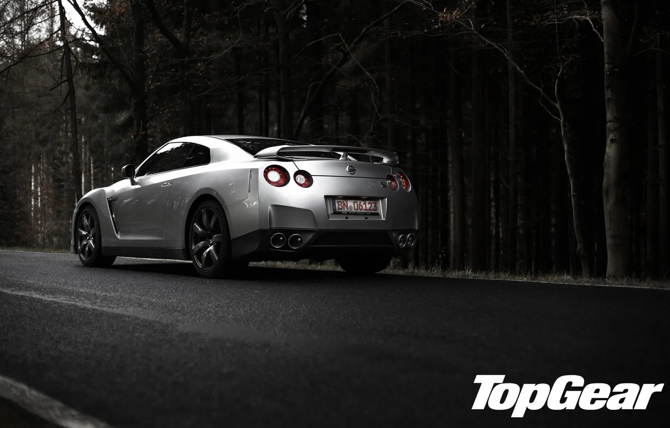 Photo wallpaper road, forest, silver, GTR, Top Gear, supercar, Nissan, rear view
