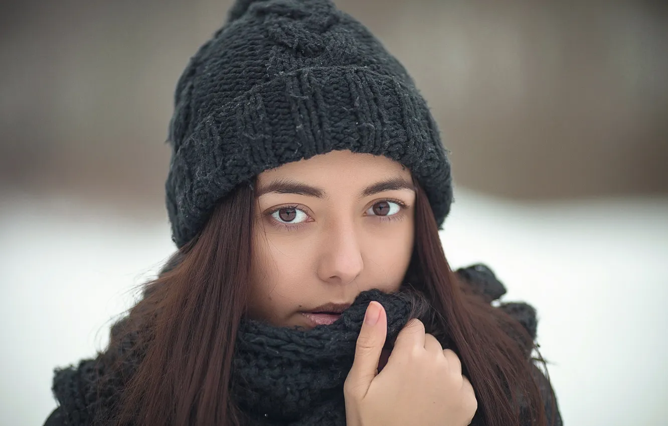 Photo wallpaper winter, eyes, face, hat, portrait, brown