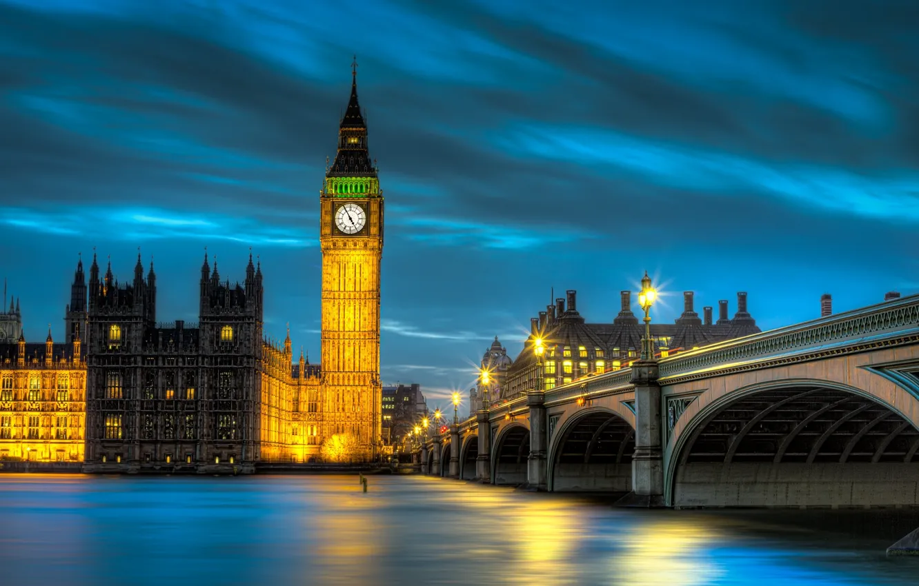 Photo wallpaper water, light, night, bridge, the city, river, England, London