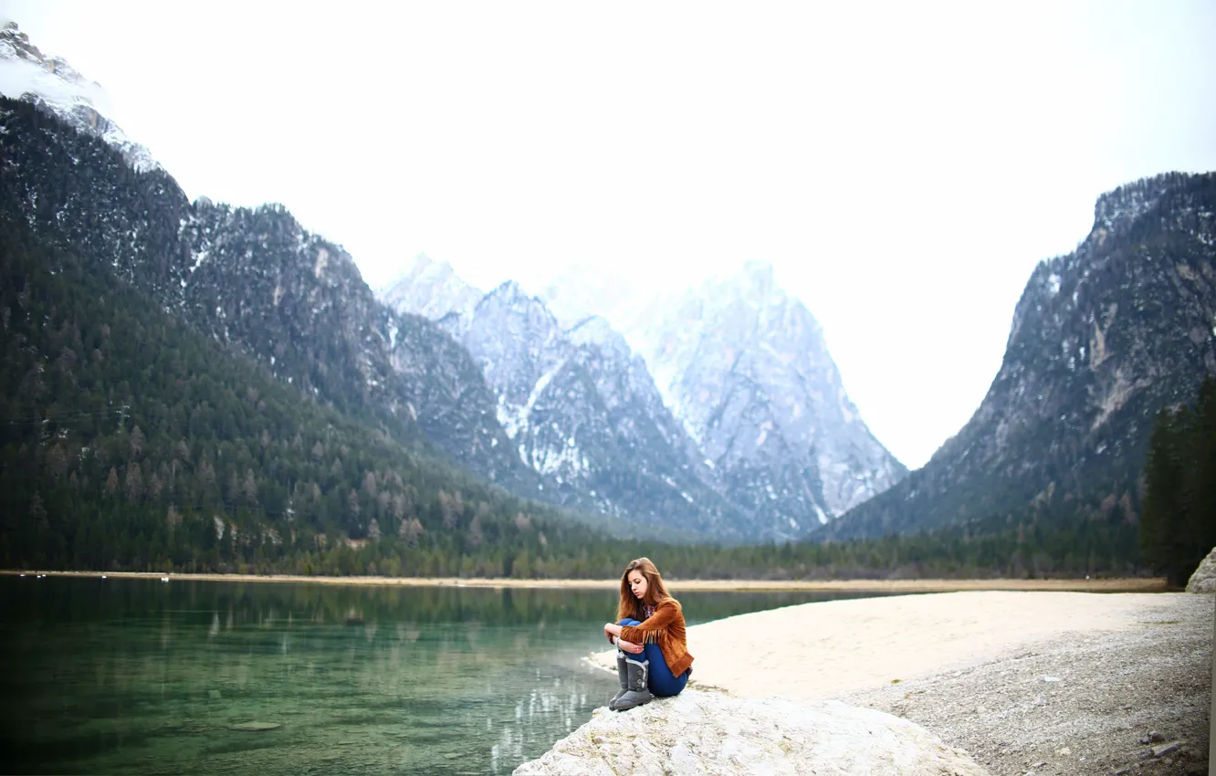 Photo wallpaper girl, mountains, nature, sitting