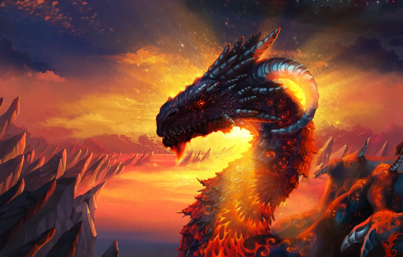 Photo wallpaper dragon, lava, the folding