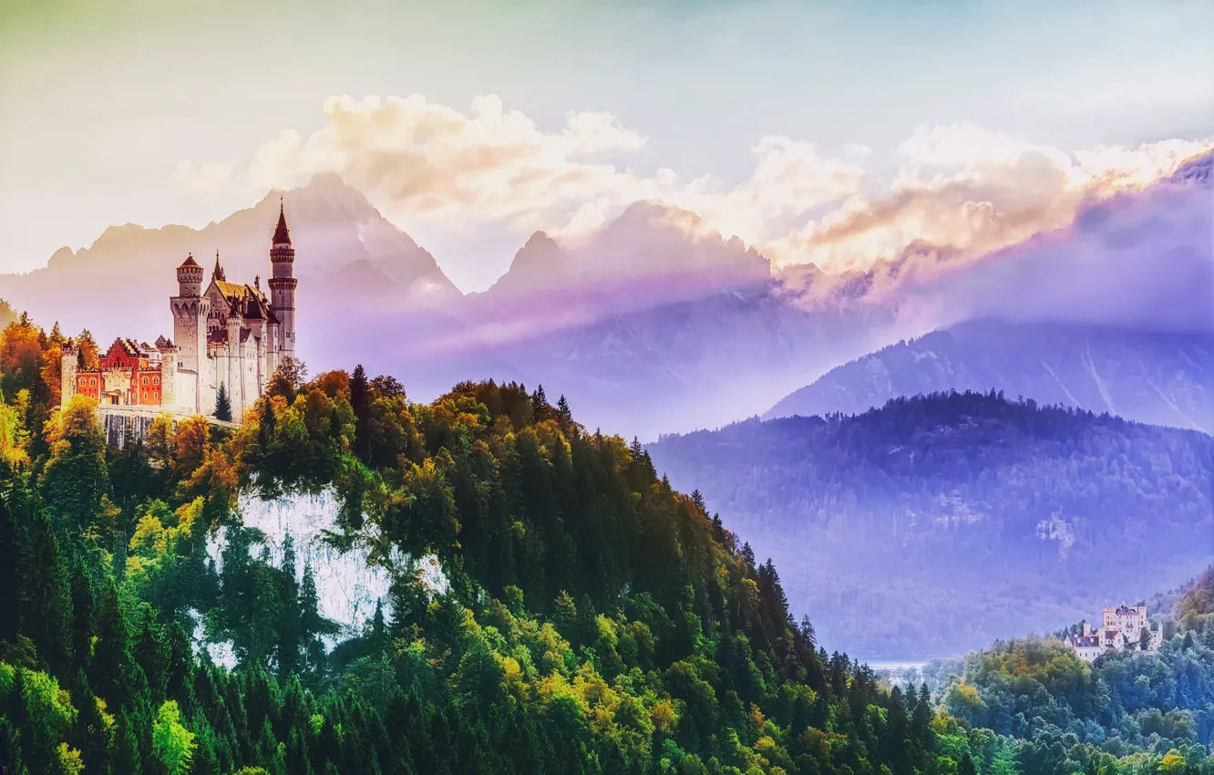 Photo wallpaper forest, the sky, light, mountains, castle, Germany