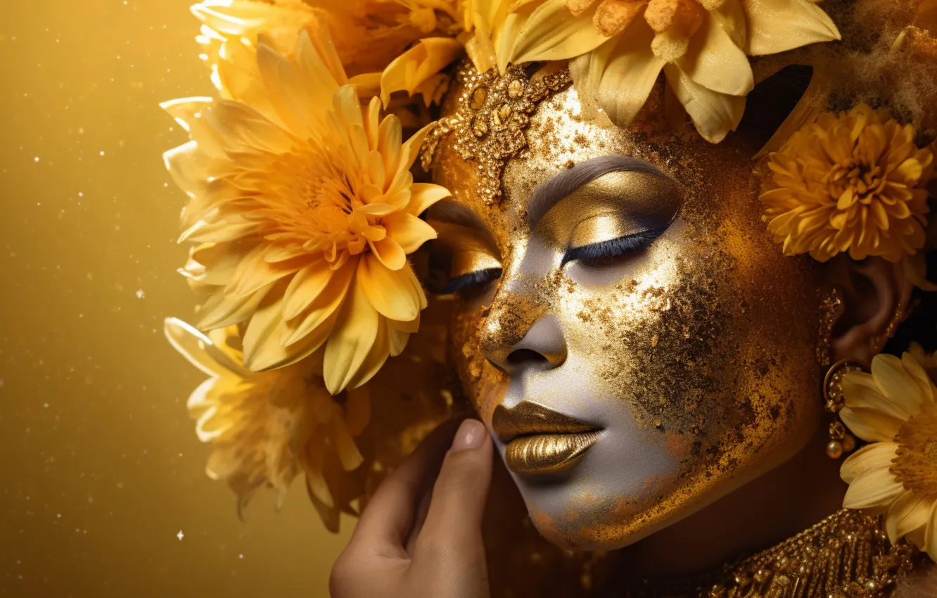 Photo wallpaper look, girl, decoration, flowers, yellow, face, eyelashes, background