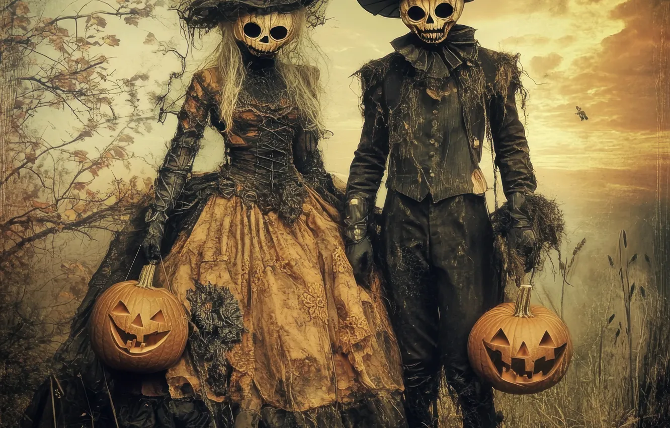 Photo wallpaper autumn, branches, nature, holiday, skull, hat, dress, costume