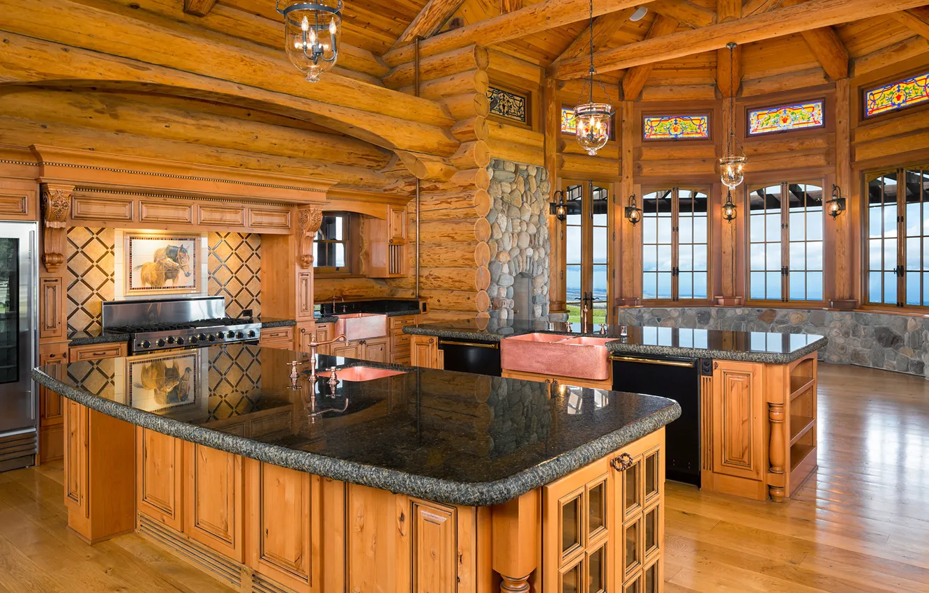 Photo wallpaper wooden, home, kitchen, log