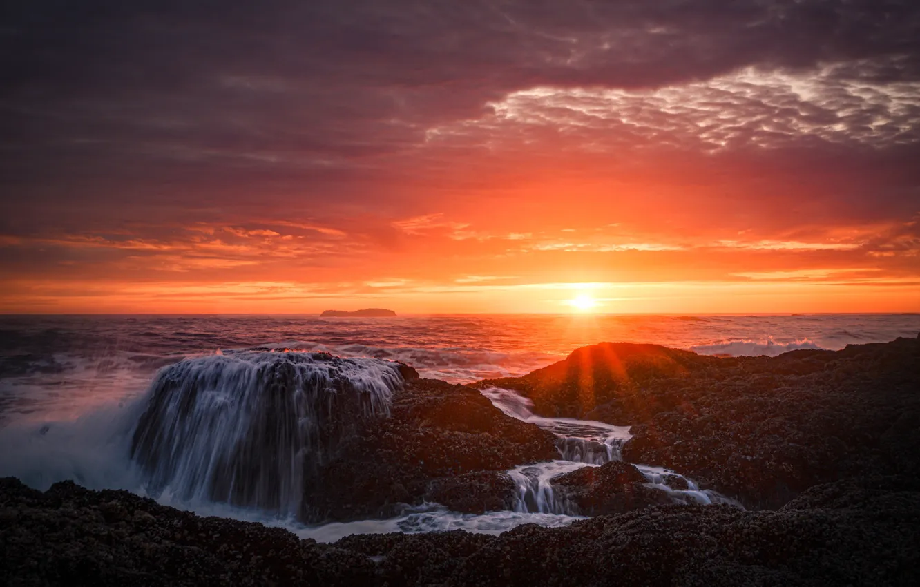 Photo wallpaper waterfall, shore, sea, the sky, stones, sunset